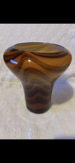 Amber Art Glass Vase with Brown And Orange Swirls.