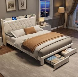 Queen Bed Frame with Storage, Velvet Upholstered Platform Bed Frame with Crystal Tufted Headboard, Charging Station, 2 Drawers, No Box Spring Needed, 