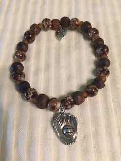Handmade Stretch Bracelet with Glass Beads and Baseball Glove Charm (51)