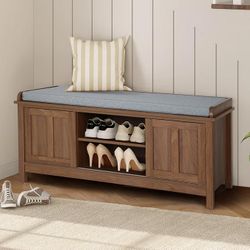 2-Tier Shoe Storage Bench,43" Wooden Shoe Cabinet with Sliding Doors,Walnut Shoe Bench with