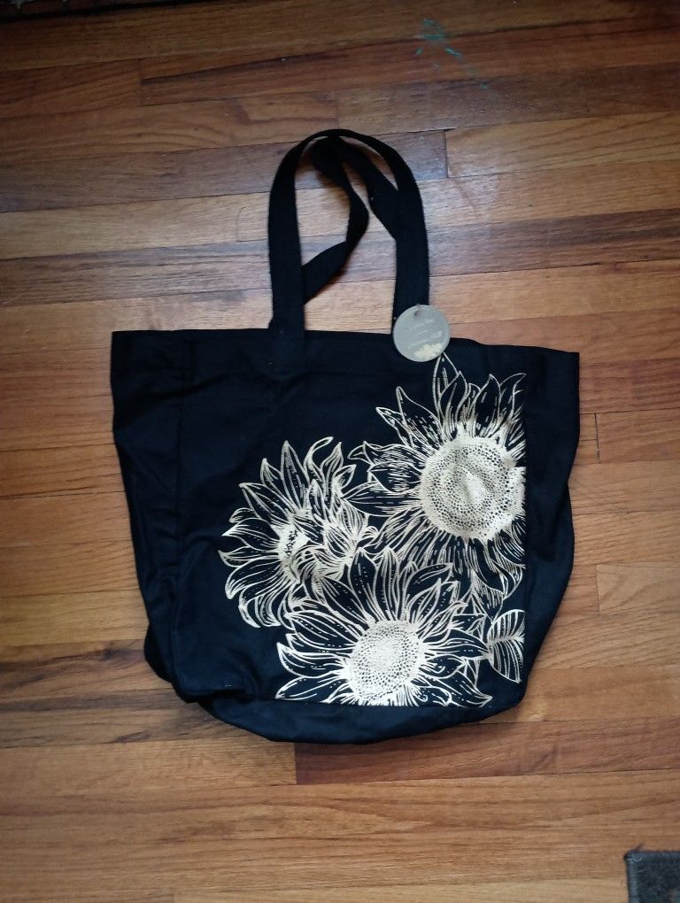 NWT Autumn Hill Black & Gold Sunflower Floral Flower Reusable Tote Bag