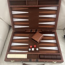 Vintage Backgammon Deluxe Set Brown Faux Leather Travel Briefcase in Box 