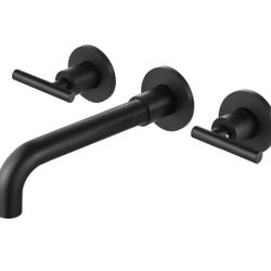 Airuida Wall Mounted Widespread Bathroom Sink Faucet Wall Mount Lavatory Faucet Vanity Sink Mixer Tap 2 Lever Handles 3 Holes 360 Swivel Spout with Br