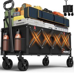 35" L Extra Long Wagons Carts Foldable, 360LBS Heavy Duty Collapsible Wagon with Wheels, Folding Wagon Portable Utility Cart for Groceries, Shopping, 