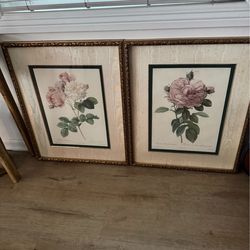PAIR (2) Large Vintage Pierre-Joseph Redoute Framed Rose Botanical Art from the Bombay Co. Collection!  This pair of vintage framed botanical rose lit