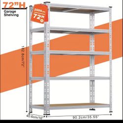 72” 5 Tier Garage Shelving Heavy Duty, Adjustable Metal Shelving Unit 72" H x 35.5” W x 15.8" D, Silver