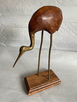 Vintage MCM Carved Wood and Brass Bird Figurine on Wood Base