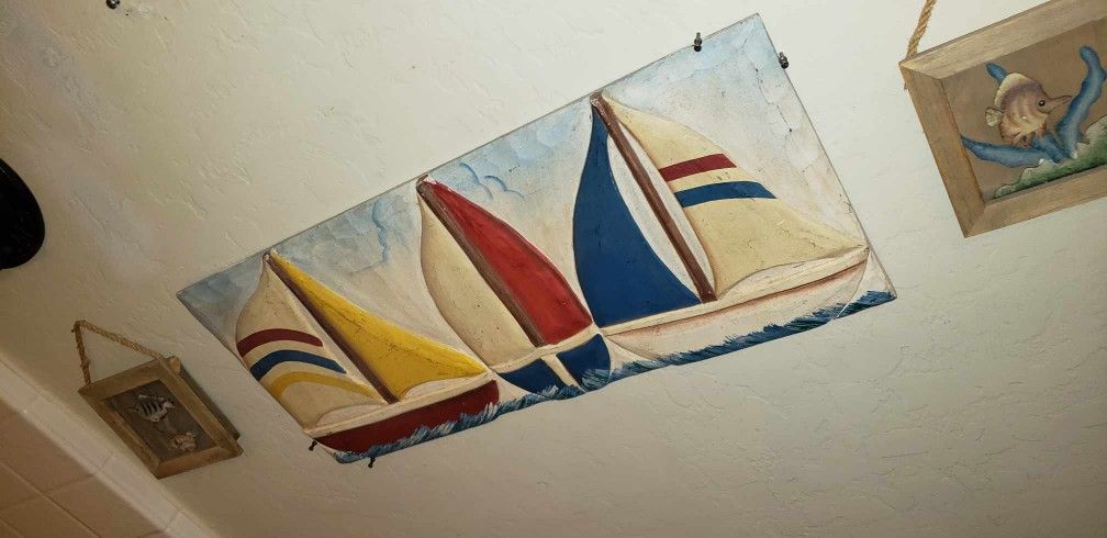 VINTAGE PAINTED SEA SAILBOAT OCEAN NAUTICAL ACCENT WALL DECOR ART PLAQUE PICTURE