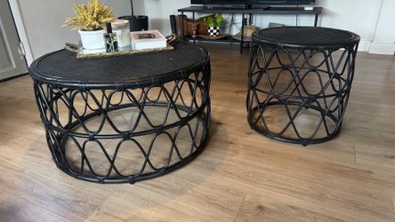 Black rattan coffee table and side table