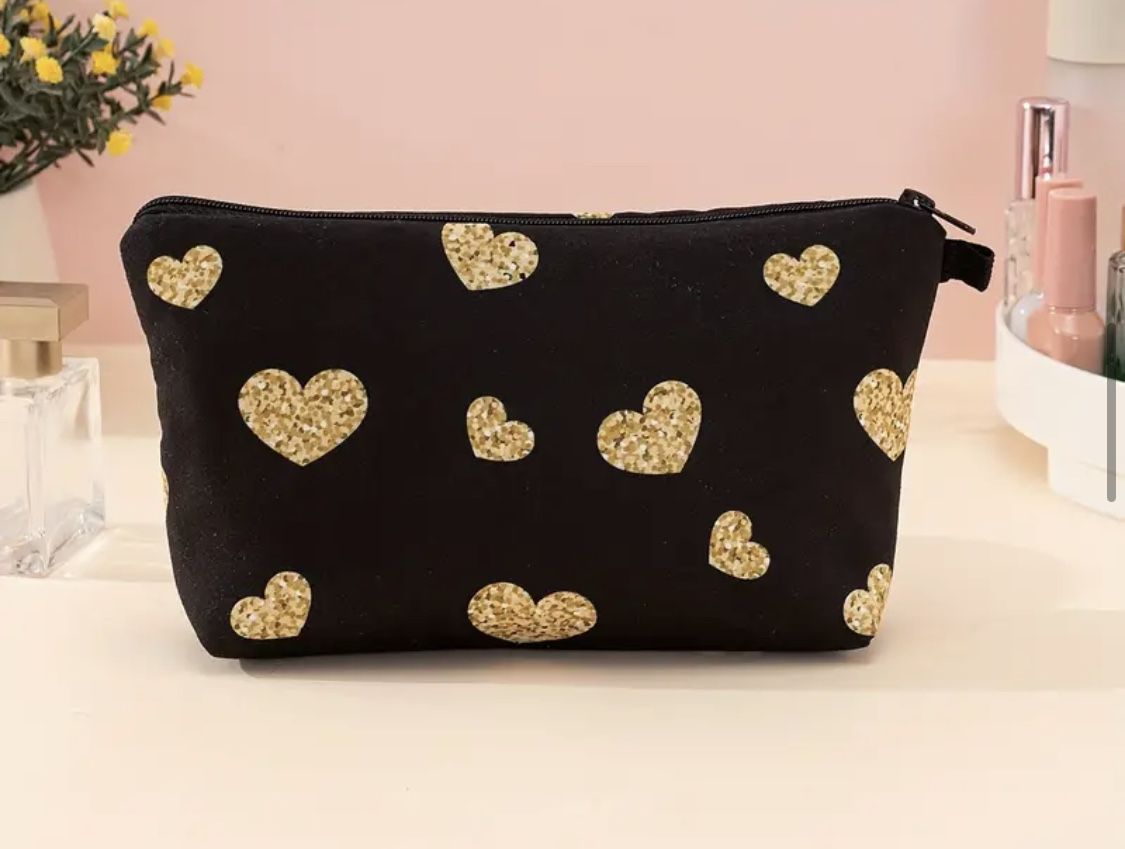 Brand New Gold Hearts Black Makeup Zip Bag 