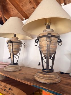 Rustic Urn Table Lamps with Shades – Set of 2