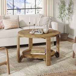 New assembled 30" Solid Wood Coffee Table, Round Small Coffee Table with 2-Tier Storage for Living Room, Farmhouse Circle Center Accent, Brown Round S