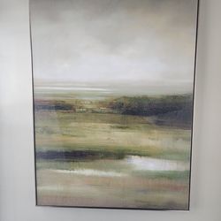 Modern Abstract Landscape Wall Art Textured Canvas Green Cream Framed 26x35