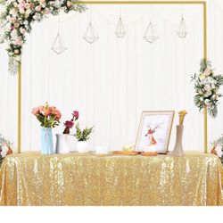 Fomcet 13"-42'' Tall Adjustable Over The Table Rod Stand with Clamps 28"-98" Length Gold Metal Table Arch for Wedding Birthday Party Anniversary Chris