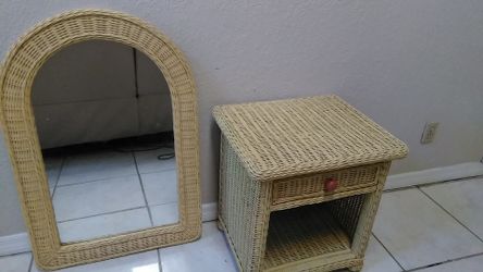 Wicker nightstand and mirror