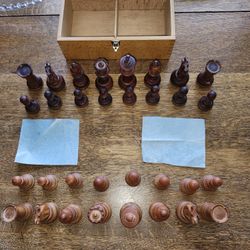 Pd $(contact info removed) Hand Carved Chessmen Polished, Weighted, Felted Orig Box