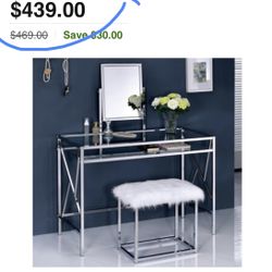 Makeup Vanity Table with Glass Top and Faux Fur Stool