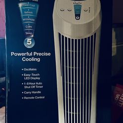 BRAND NEW Honeywell “Whole Room” Oscillating Cooling Tower Fan (plus optional relaxing sound control) with Remote Control. Still in box!