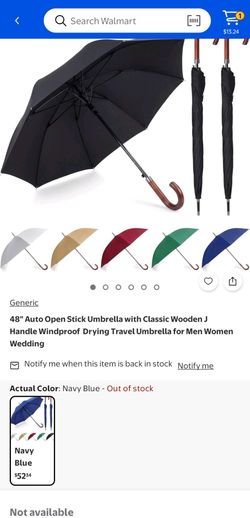 48" Auto Open Stick Umbrella with Classic Wooden J Handle (Black)