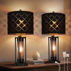 Modern Table Lamp Set of 2 with Nightlight, Black