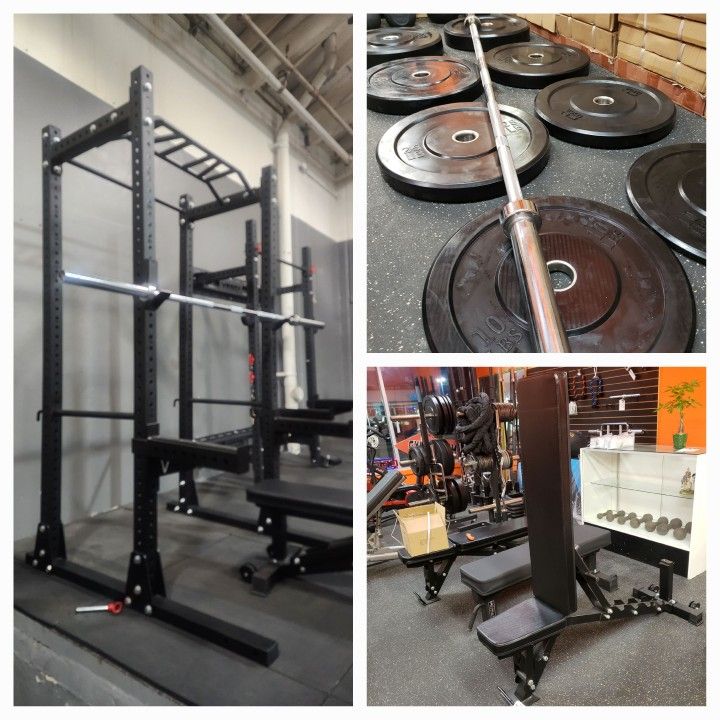 1 ⬛ HEAVY DUTY COMMERCIAL GRADE POWER RACK WITH HEAVY ADJUSTABLE BENCH, OLYMPIC BARBELL, FULL SET OF BUMPER PLATES ( BRAND NEW IN THE BOX  )