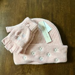 Pink and white star beanie with matching mittens
