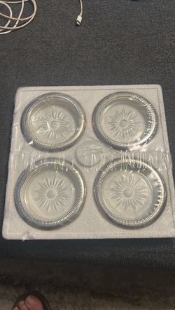 Vintage Leonard Italy Four Piece Coaster Set #840 Genuine Crystal & Silver Plate