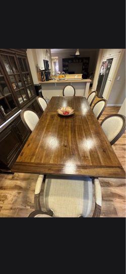 8-Piece Acacia Wood Dining Table Set (Table + 7 Upholstered Chairs)