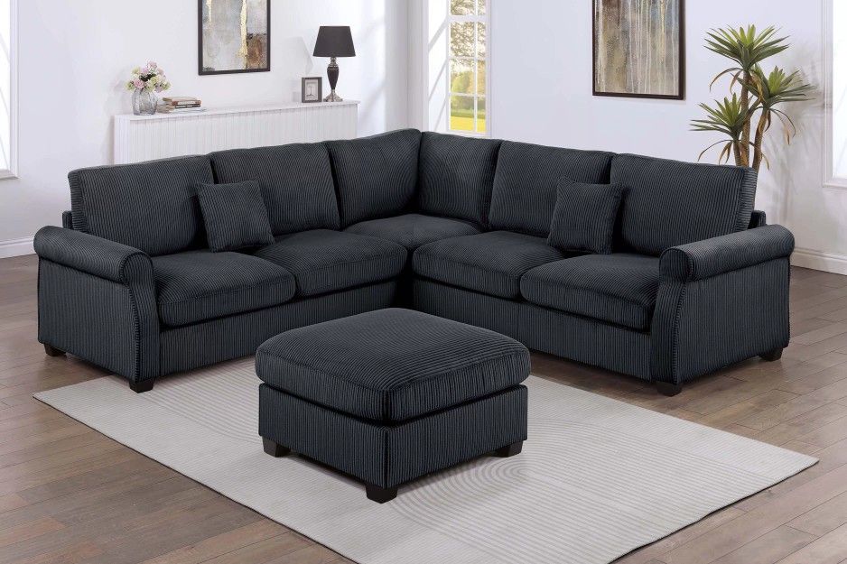 Brand New Black Corduroy Sectional Sofa w Ottoman