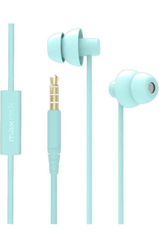 NEW! MaxRock Soft Silicone Earphones w/ mic, 3.5mm jack - Mint Green & Black Case