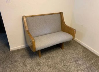 Vintage Upholstered Oak Church Pew / Bench Mid Century Modern, Seats 2