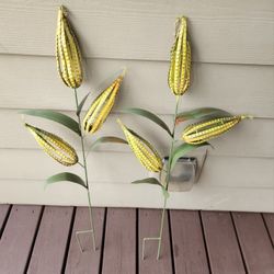 Two Corn Stocks In Colorful Metal Finish, Garden Decor.