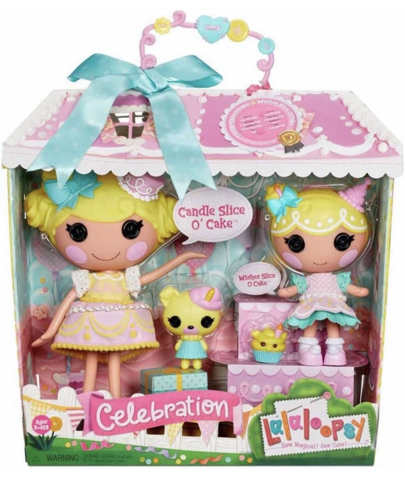 Lalaloopsy Doll Set - Candle & Wishes Slice O' Cake - Large & Little Dolls with Yellow Hair & Hat - with Pet Pug & Cupcake Pig - Changeable Outfit, Re