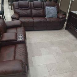 Summer clearance sale. Santiago Brown, leather reclining sofa and loveseat set now $1099. Easy finance option. Same-day delivery