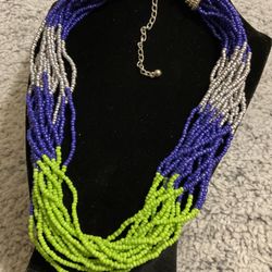 Blue,silver ,and Neon Green Multi-strand Necklace 