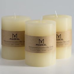 MOZEAL 3" x 4" Hand-Poured Unscented Candle,Dripless Pillar Candle Set of 3,Long Clean Burning,Approx 72 Hours Burn Time,Rustic Country Style,Wedding,
