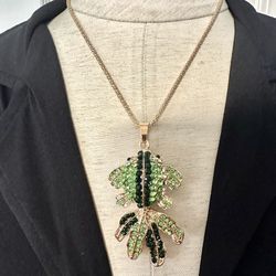 Betsey Johnson Green And Black Rhinestone Fish Pendant Necklace 