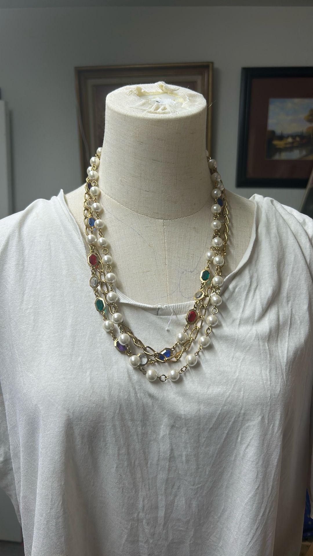 Multicolor Stones with Pearls on Gold Tone Chain