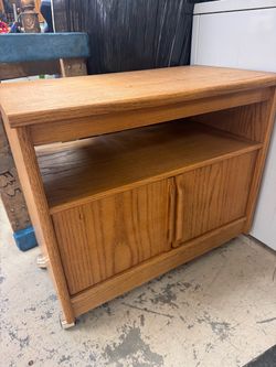 Oak TV Stand with Cabinet and Casters