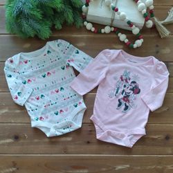NEWBORN 2-PIECE CHRISTMAS MINNIE MOUSE LONG-SLEEVE BODYSUITS