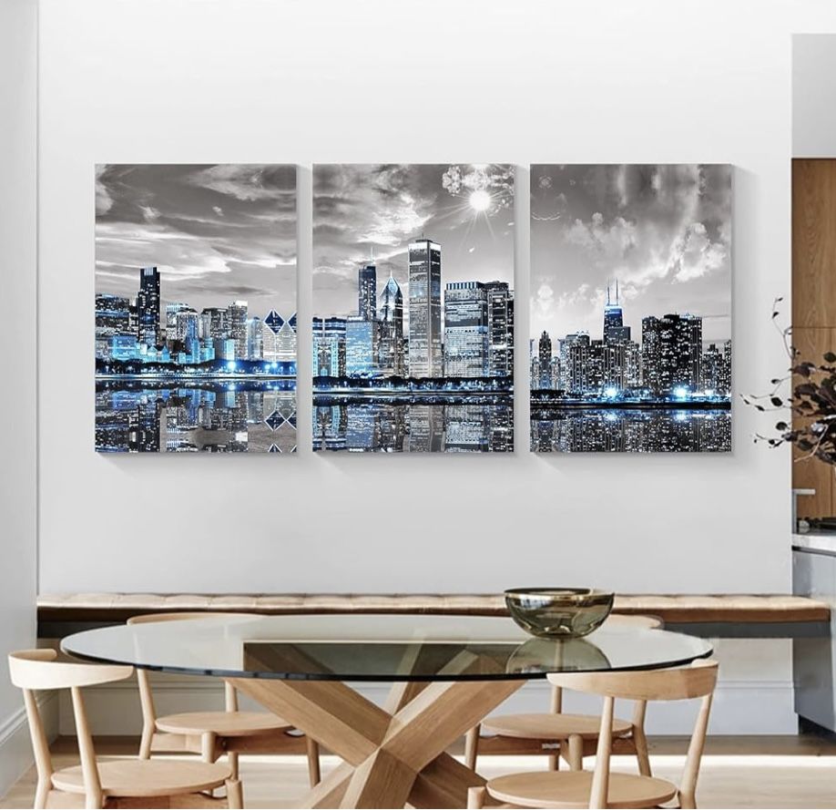 SERIMINO Wall Decor Living Room Modern City Chicago Skyline Large Canvas Wall Art for Bedroom Poster for Office Farmhouse 3 Pieces Set Wood Framed Nig
