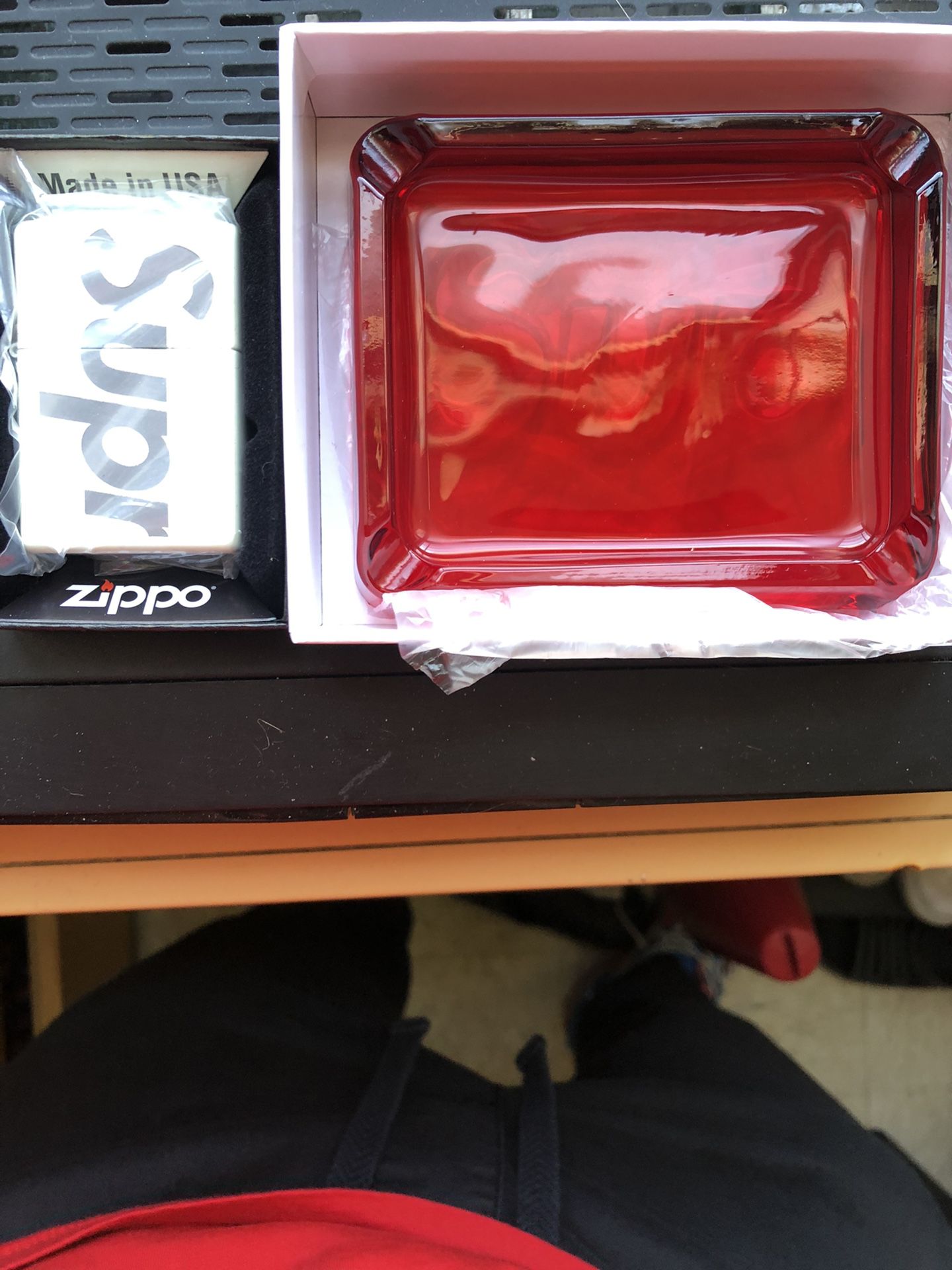 Glow-in-the-dark Supreme Zippo And Red Supreme Glass Ashtray