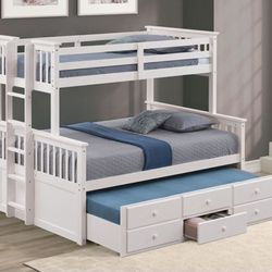 Brand New White Twin Over Full Bunk Bed w Trundle Bed + Drawers 
