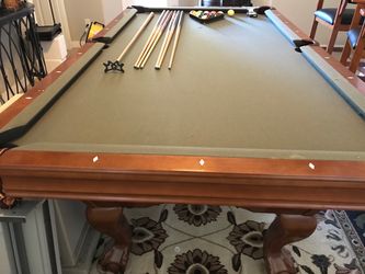 8 ft slate,pool table with accessories and 2 billiards bar stools