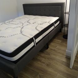 Queen Upholstered Bed Frame With Headboard Dark Grey 