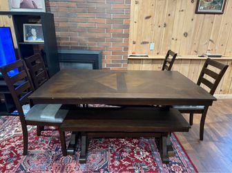 Dark Wood Dining Table Set with Bench and Chairs