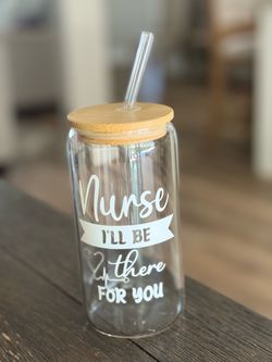 Nurse Glass Can Cup with Bamboo Lid and Straw