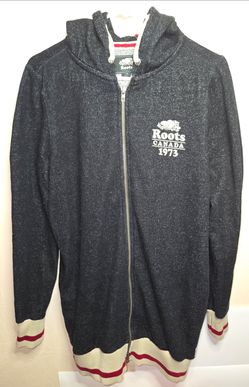 Roots Canada Men's Black Heathered Cotton Poly Logoed Full Zip Jacket Size Large