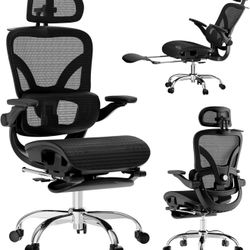 Ergonomic Mesh Office Chair, Home Desk Chair Comfy High Back with Adjustable Lumbar Support, 3D Headrest, Flip-up Arms, Big and Tall Reclining Compute