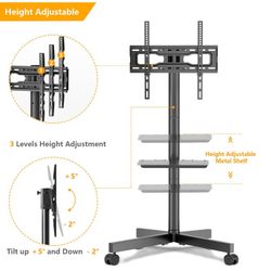 TV Stand with 3 Shelves 32"-65" Flat Curved TVs Swivel TV Trolley on Wheels Rolling with Cable Management